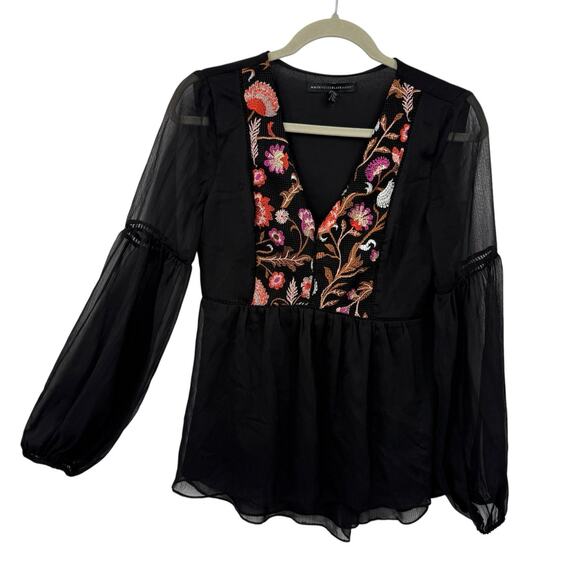 WHBM Black Floral Embroidered Chiffon Top XS Boho Fairy Bell Sleeve V Neck Sheer - Picture 2 of 10